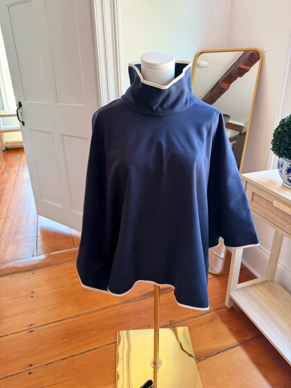 Pomander Place Navy Cowl-Neck Swing Sweater with White Trim